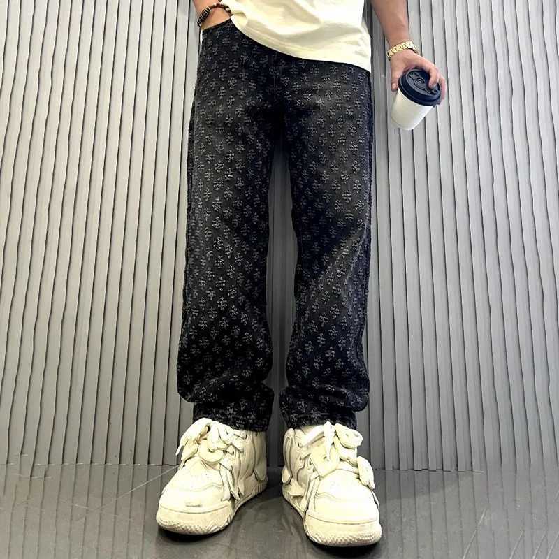 Jacquard Pattern Denim Pants Male Straight Fitting Baggy Bottoms Distressed Wide Jeans For Men X250113