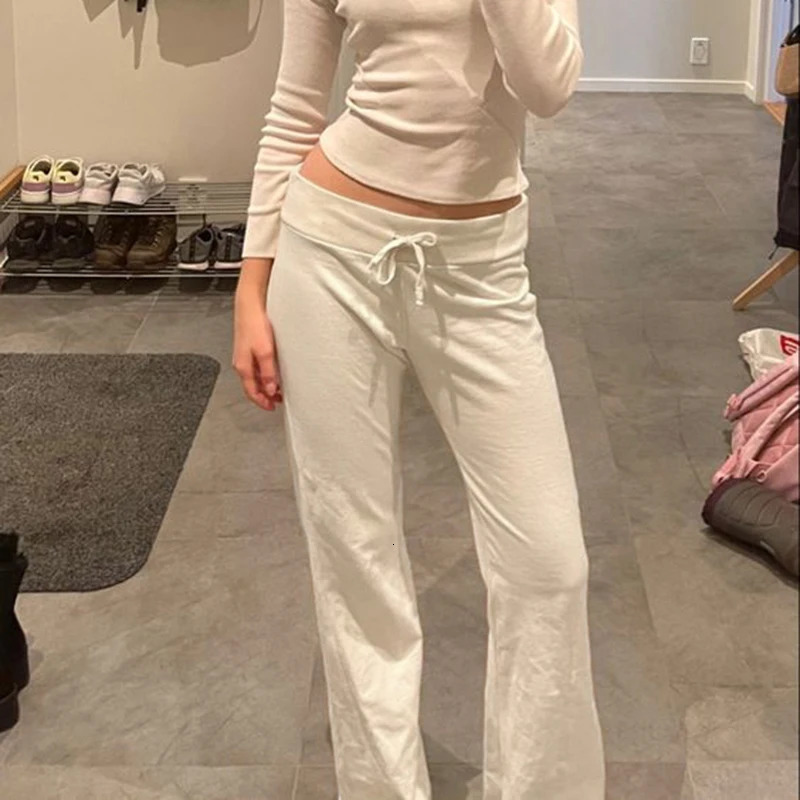 Cuteandpsycho Casual Solid Basic Pants Y2K Chic Floor Length Bottoms Vintage Aesthetic Mid Waist Drawstring Straight Trousers 250106