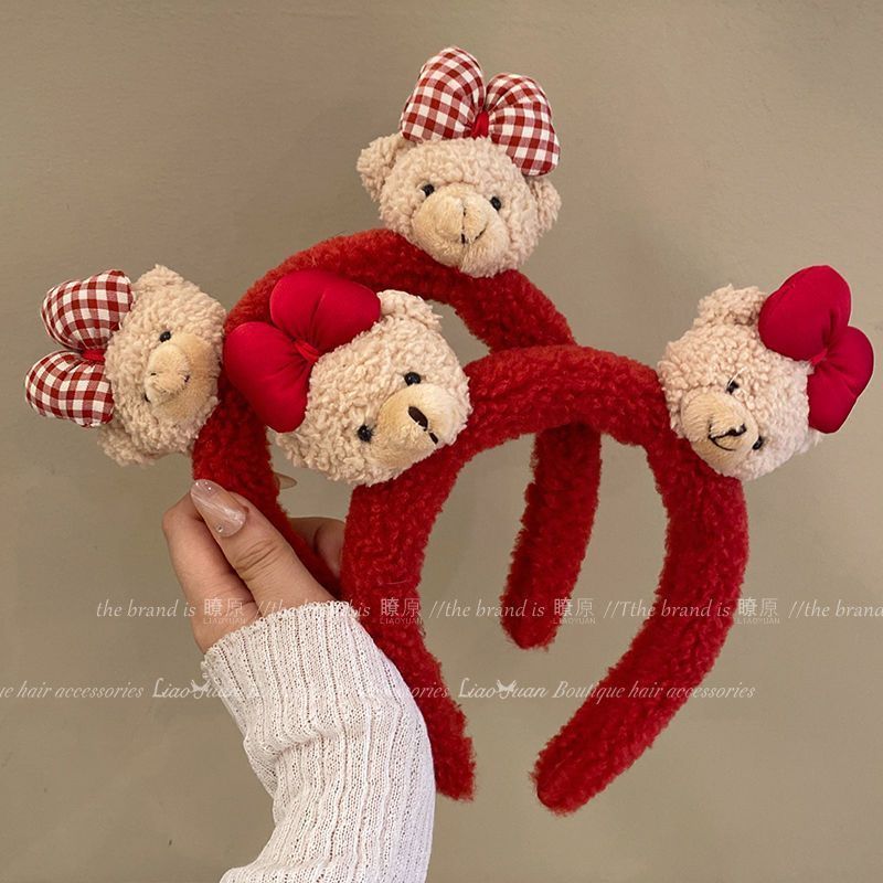 Cute plush bow teddy bear headband for women's face washing anti slip headband new wide edge cartoon decoration headband