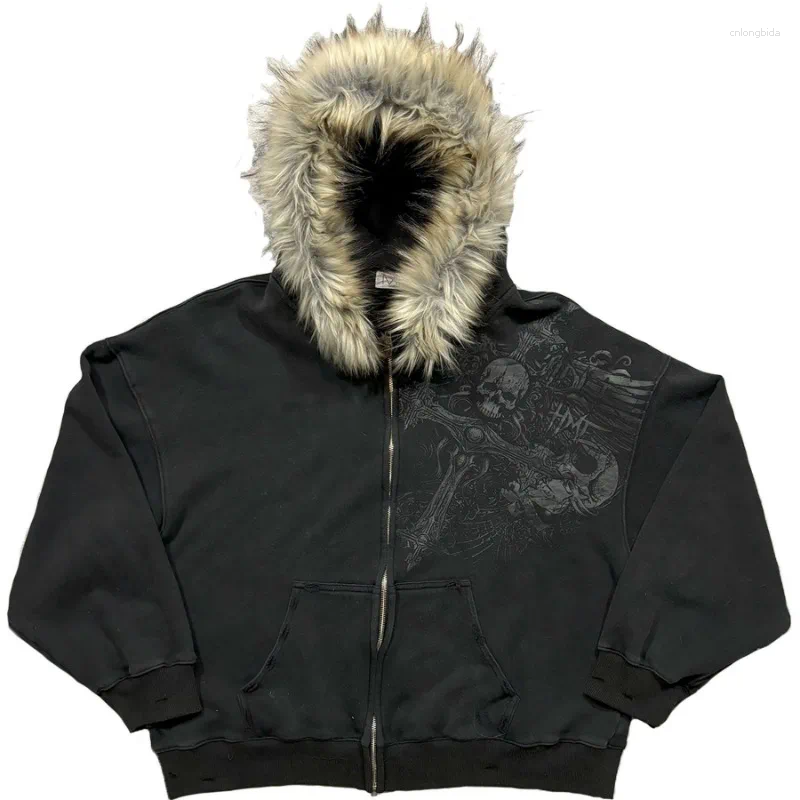 Mens Hoodies Punk Style Casual American Street Fur Hat Printed Pattern Long Sleeved Pullover Tops Retro Jacket Trend Sweatshirts