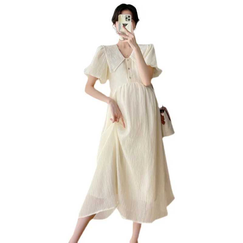 2025 Summer Fashion Pregnant Dress Plus Size Puff Sleeve Collar Chiffon Dress A-Line Pregnant Dress W250113