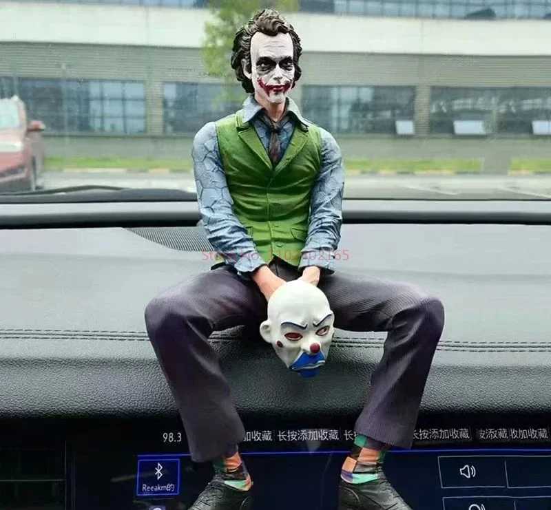 Free shipping 24cm Heath Ledger Action Figure Sitting Green Suit Handheld Joker Mask Car Doll Desktop Decoration Model Toy Children Gift