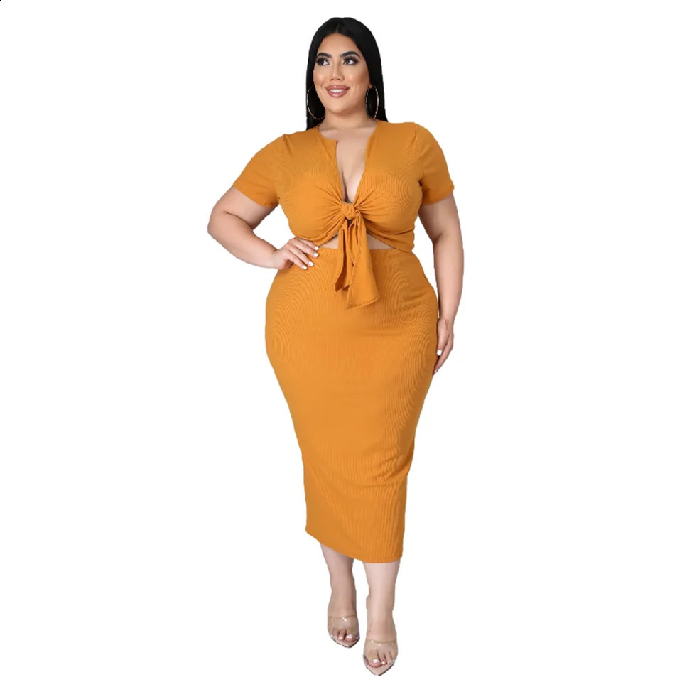Plus Size Arrival Fashional Womens Top and Skirt Suit Big V Neck Short Sleeve Casual ansd Set For Women 250106
