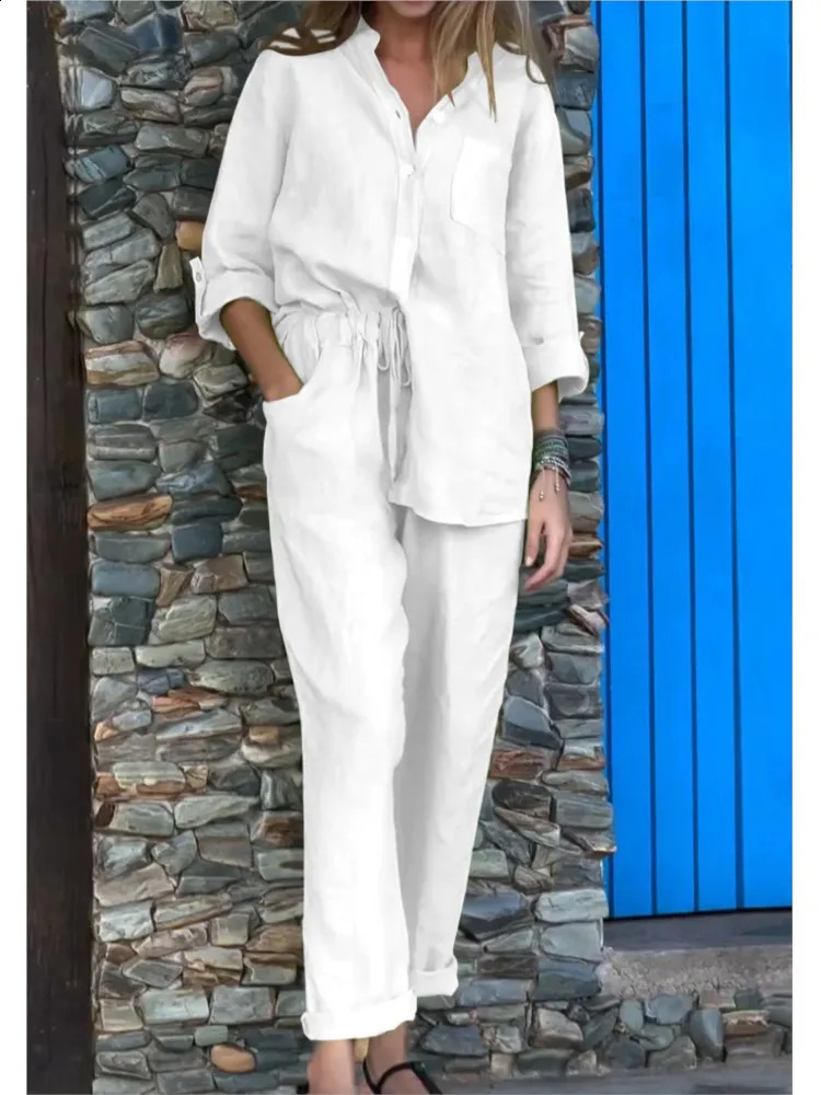 Womens Cotton Linen Solid Color Two-piece Sets 2024 Spring Autumn Fashion V Neck Top Elastic Waist Loose Wide Leg Pants Set 250107