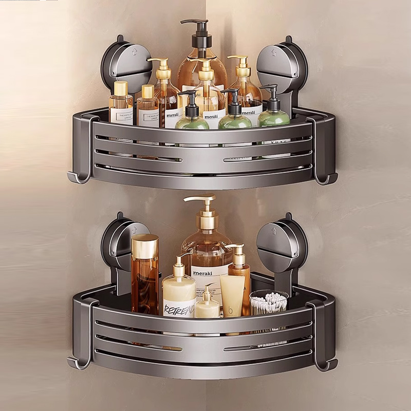 Bathroom triangular storage rack suction cup Aluminum bathroom storage Toilet shower shampoo lotion wall hanging corner shelf