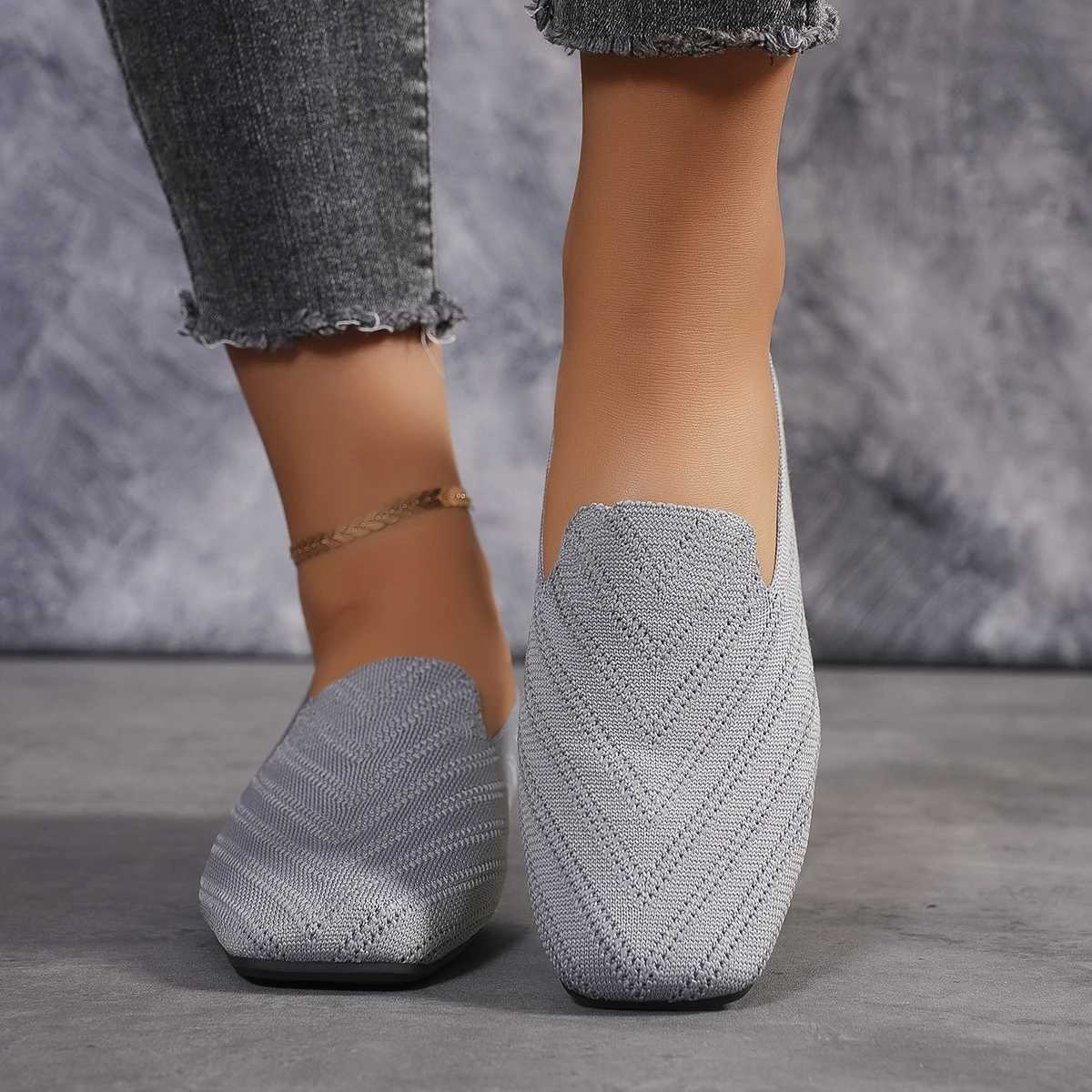 Women Flats Shoes Pointed Toe Solid Knitted Slip Loafers Spring Casual Breathable Ballet Sneakers Mesh Breathable Flats ShoesXJ250113