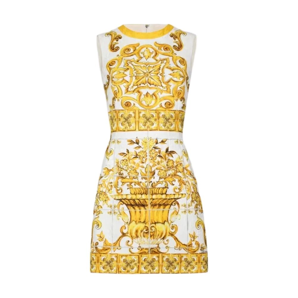 Runway Summer Short Dress Women's O-Neck Sleeveless Yellow Blue And White Porcelain Flower Print Holiday Tank Mini Vestidos