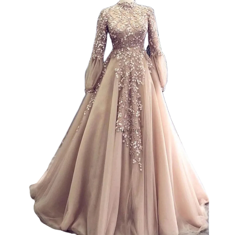 Elegant Muslim Prom Dresses Long Sleeves High Neck Champagne Evening Formal Gowns Lace Appliques Floor Length A-Line Special Occasion Dress For Women 