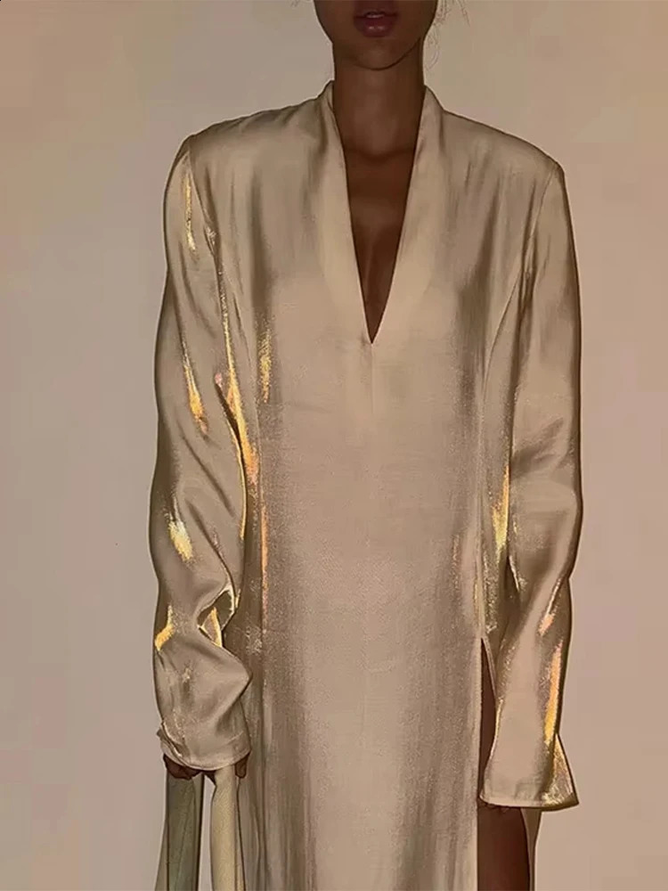 Fashion Solid V Neck Lady Dresses Full Sleeve Straight Women Dress 2025 Elegant Sexy Spring Beach Split Female Maxi Vestidos 250110