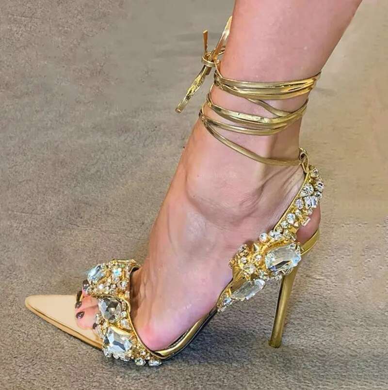 Sexy Thin High Heels Ankle Strap Sandals Womens Pointed Crystal Dia Party/club Wedding Party Shoe Sandalias Mujer