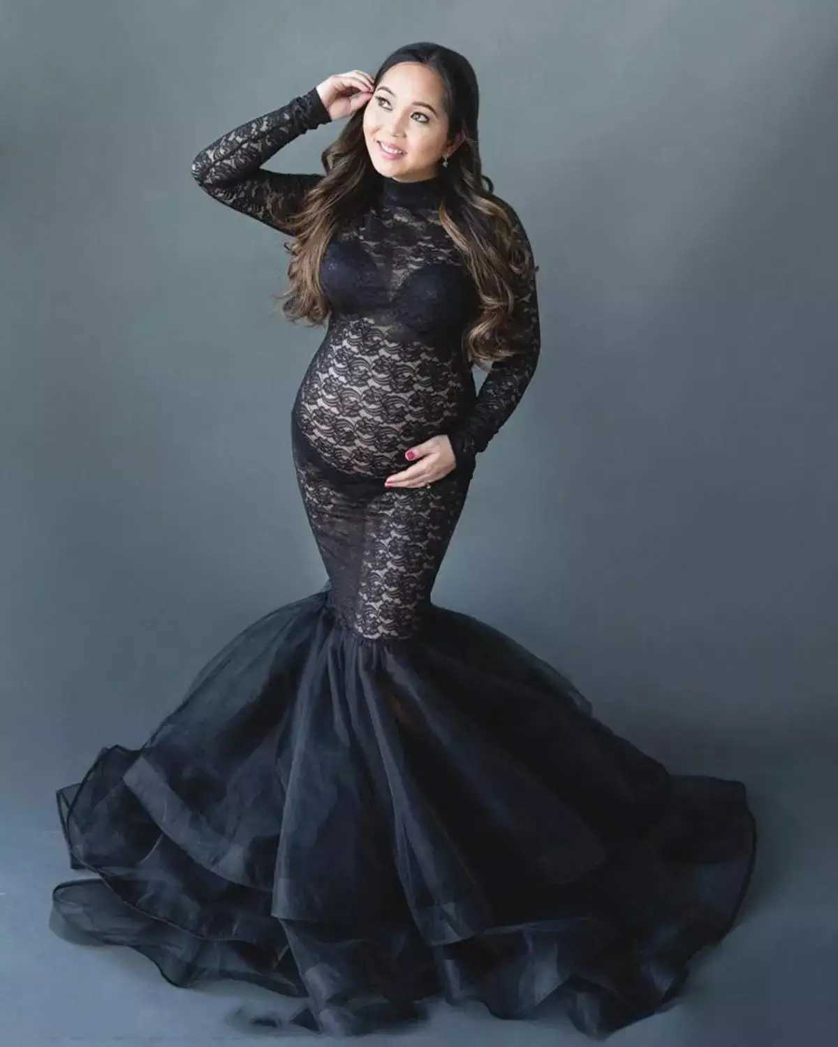 Maxi Pregnant Dress Photo Shooting Pregnant Long Sleeve Black Lace Turtle Neck Photo Dress Pregnant Dress W250113