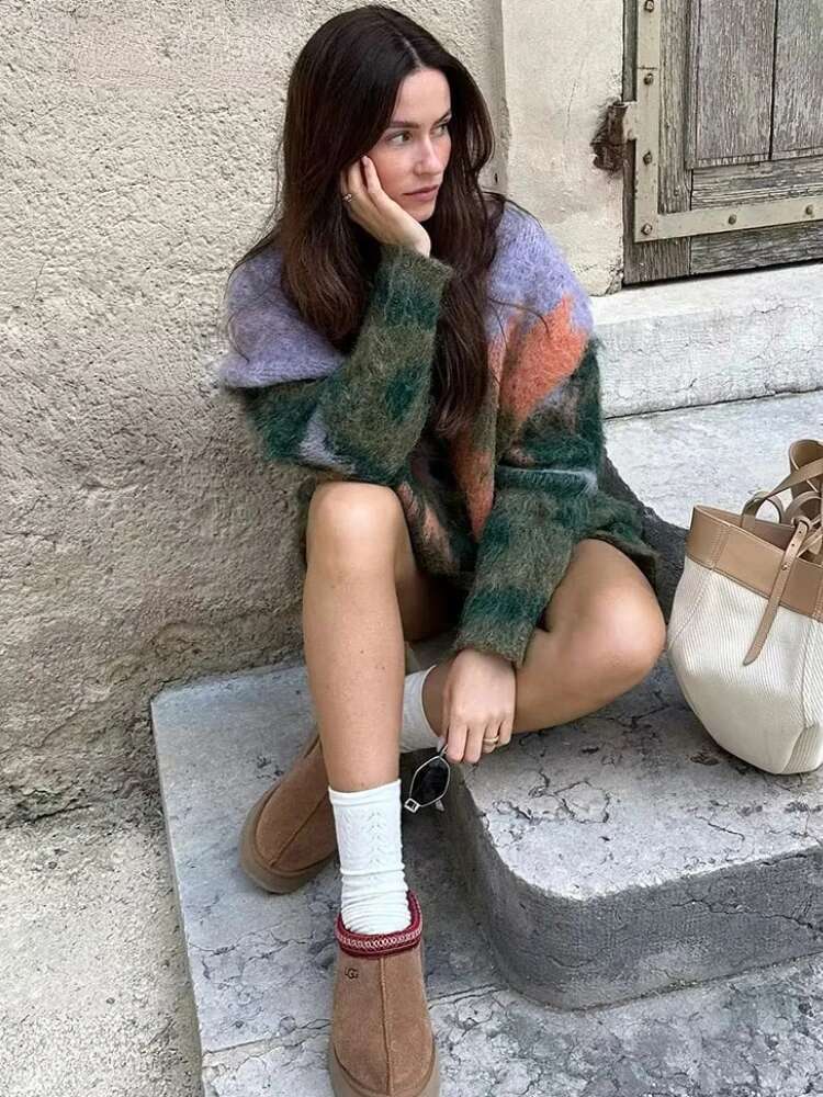 ZBZA Knitted Printed Cardigan Loose Colorful V-Neck Vintage Landscape Pattern Single Breasted Sweater Autumn Female Chic Outwear