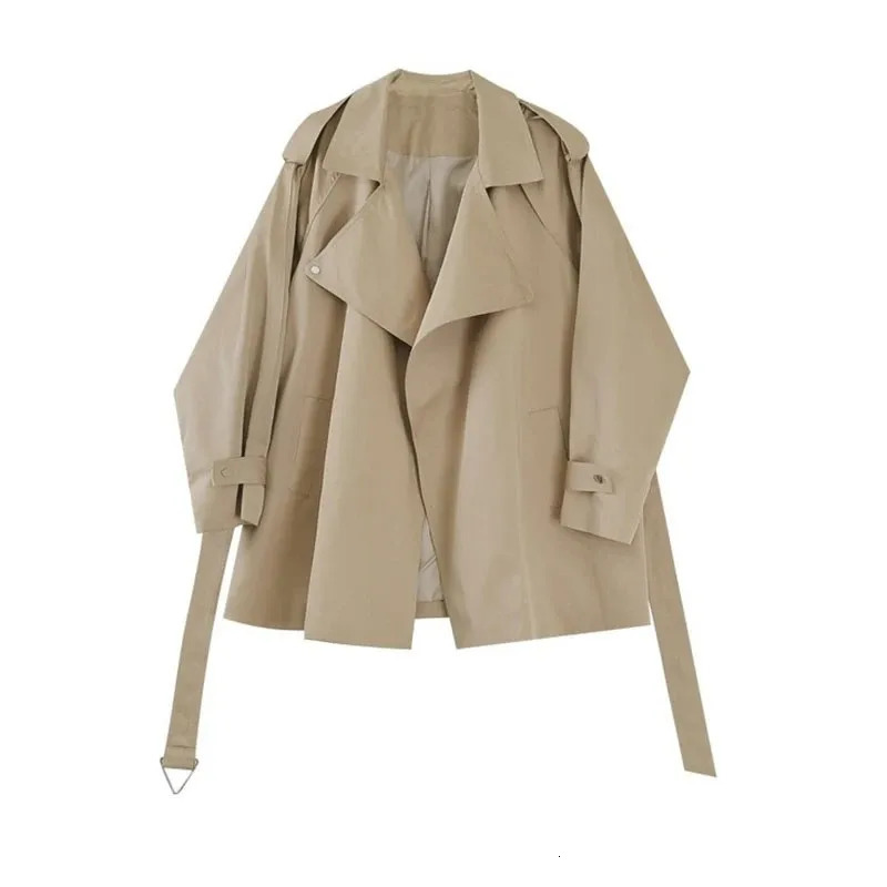 2024 Autumn Women Khaki Short Trench Coat With Sashes High Quality Loose Casual Lapel Long Sleeve Female Windbreaker Outwear 250102