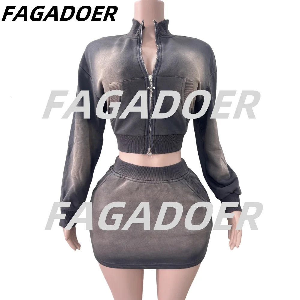 FAGADOER Pink Tie Dye Print Two Piece Sets Women Outfits Fashion Zip Pocket Long Sleeve Crop Top And High Waist Skirts Clothing 250113