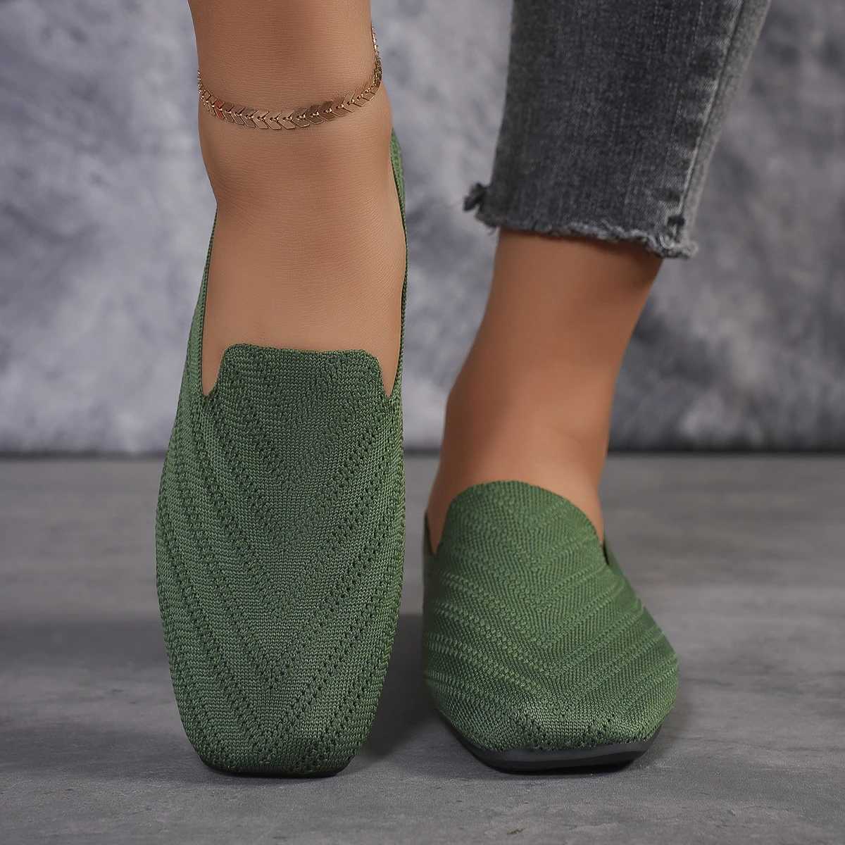 Women Flats Shoes Pointed Toe Solid Knitted Slip Loafers Spring Casual Breathable Ballet Sneakers Mesh Breathable Flats ShoesXJ250113