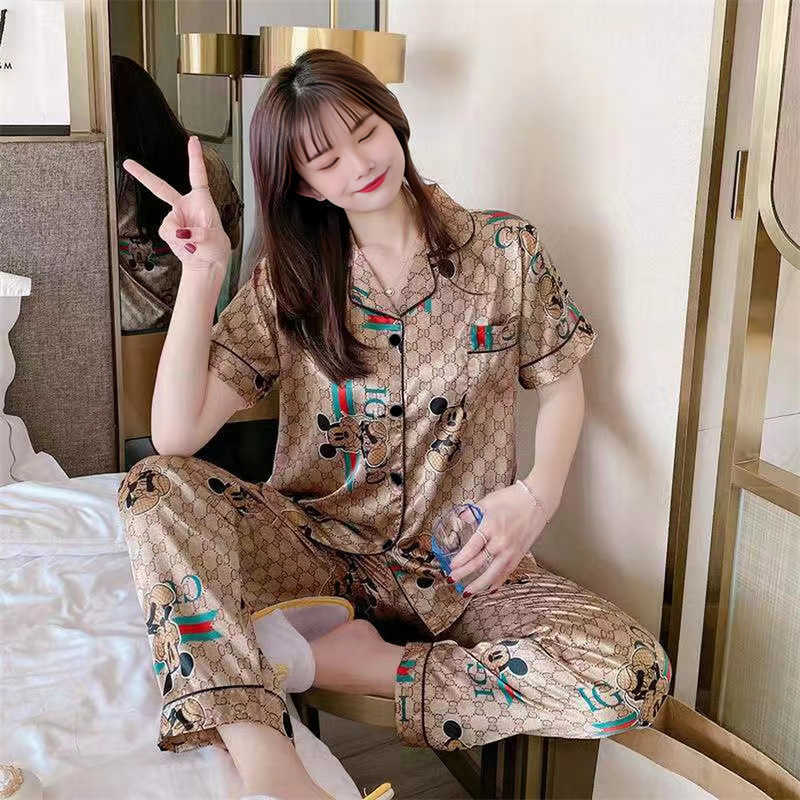 Women's Sleep & Lounge designer brand Thin Silk Simulation Sleepwear Set for Women in Autumn, Short Sleeved and Long Clothing Colored Satin Ice Home Wear QJ3Z