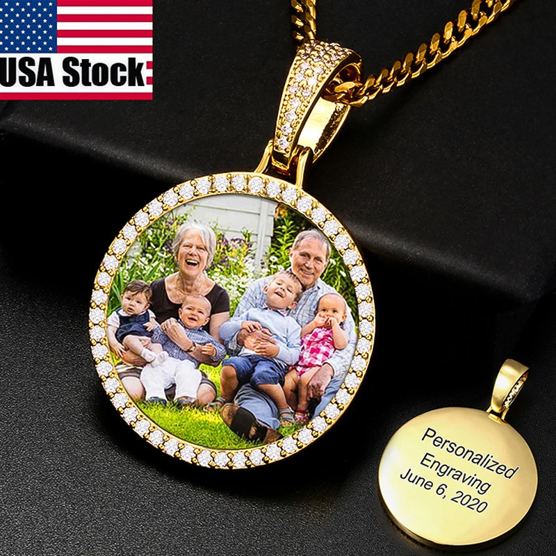 Round Medallions Custom Po Pendant Necklace Men Hip Hop Jewelry Personalized Custom Name Engraved Pendant Zircon Chains Gift 250107