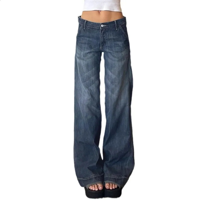 Blue Straight Jeans Streetwear y2k Low Rise Baggy Denim Pants for Women Vintage 2000s Casual Korean Fashion Basic 250107Z
