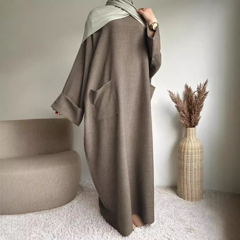 (243) New Women Robe Long Skirt Solid Color Pocket Dress