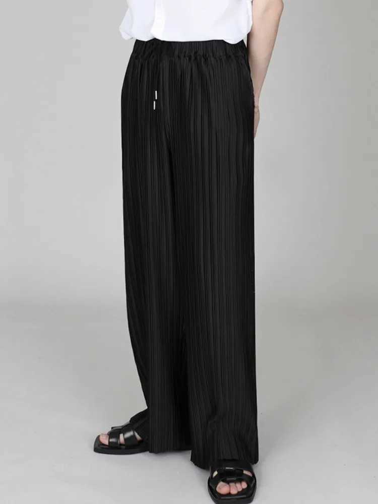 SYUHGFA Men Clothing 2024 Spring Autumn Ice Silk Pleated Wide Leg Pants Elastic Waist Causal Loose Straight Trousers For Male X250113