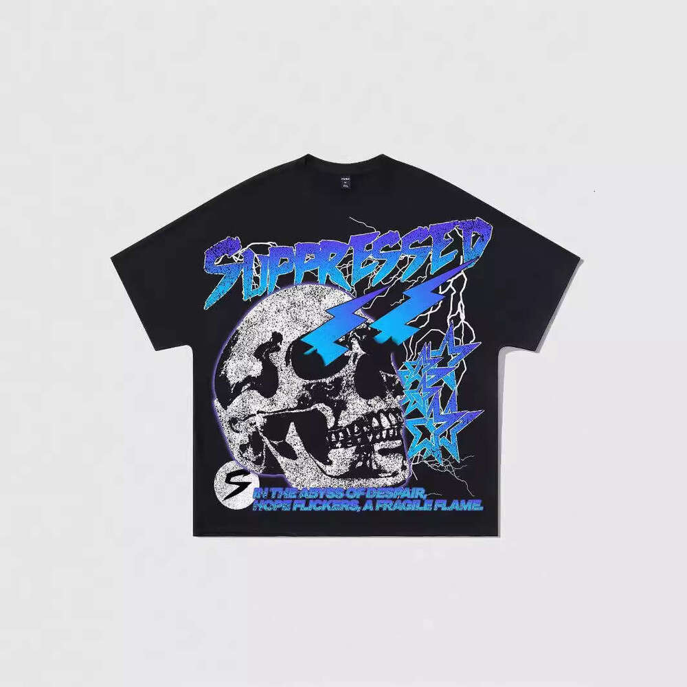 Summer American High Street Loose Lightning Skull and Pentagram Printed Short Sleeve T-shirt