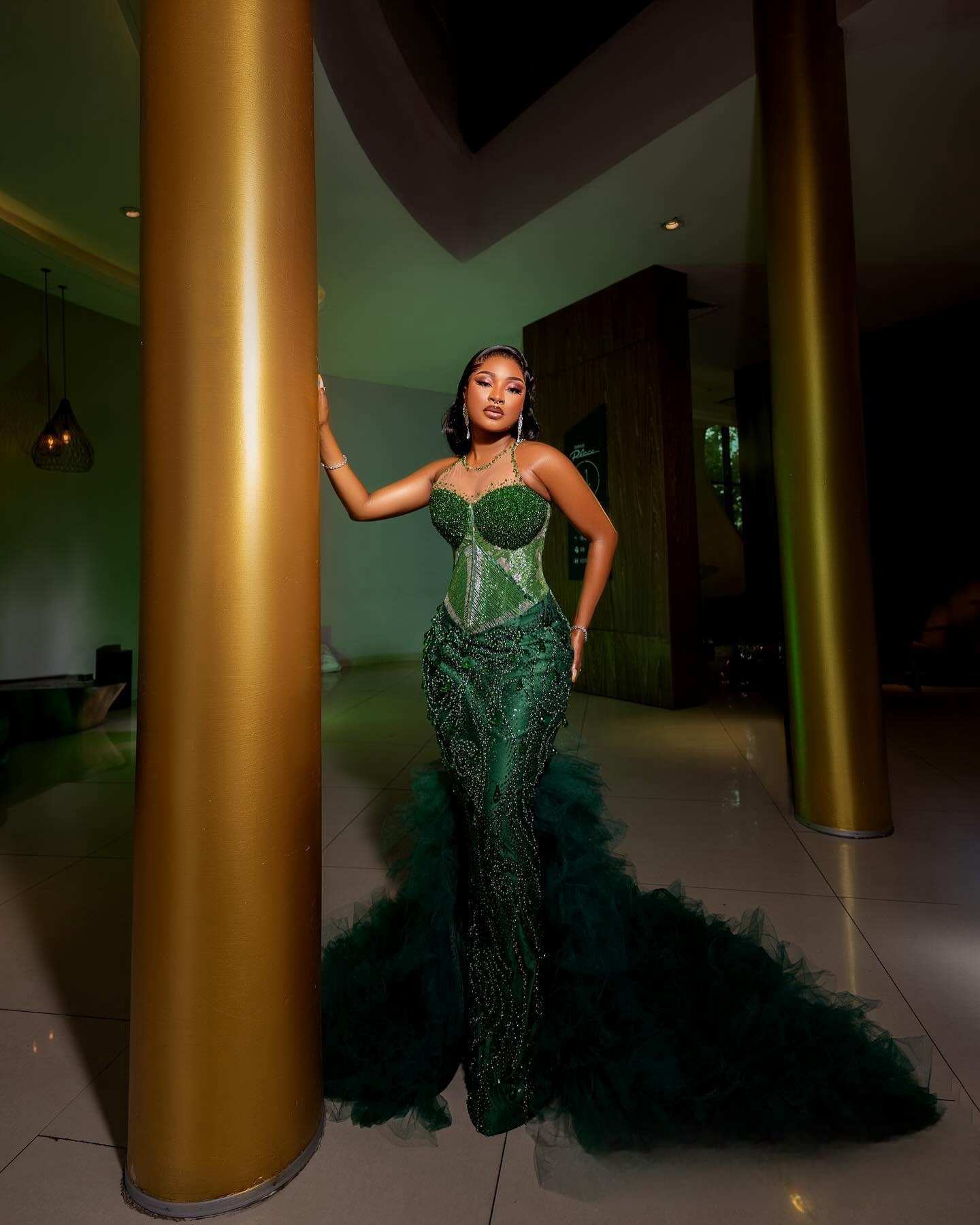 2025 Urious Green Prom Detachable Train Mermaid Evening Dresses Formal Gowns For Women Illusion Crystals Beaded Lace Birthday Dress Reception Gown 666