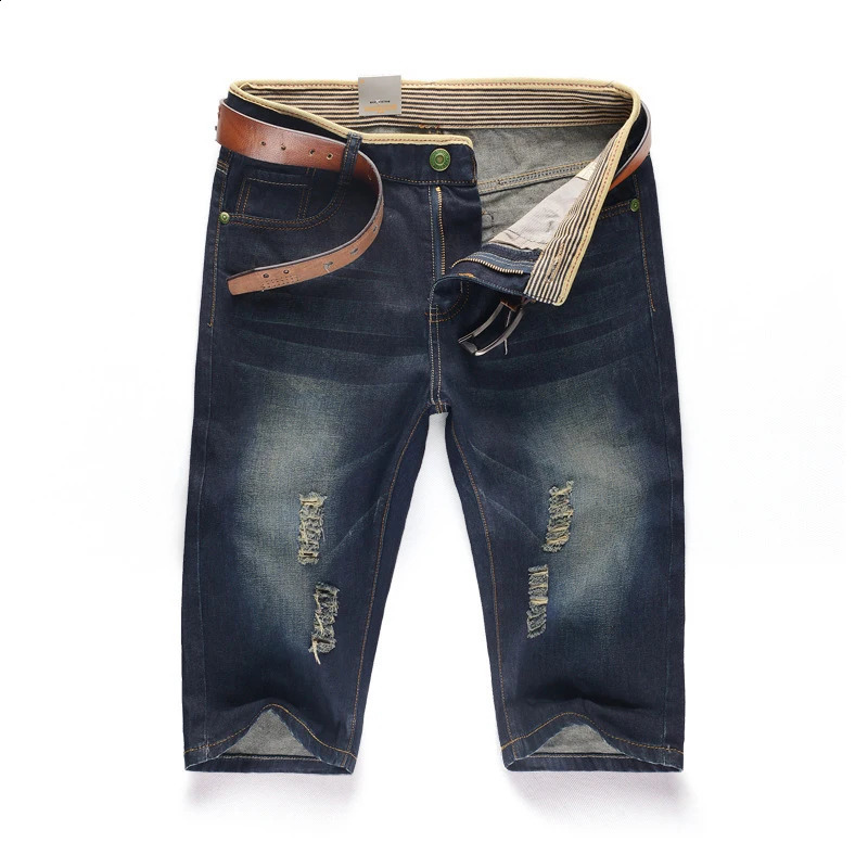 Summer Mens Personalized Washable Perforated Denim Short Pants Male Casual Straight Jeans 250207