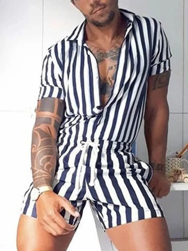Mens Striped Rompers Suit Fashion Casual Playsuit Short Sleeve Button Shorts Jumpsuit Drawstring Streetwear 1 Piece 2024 y250110