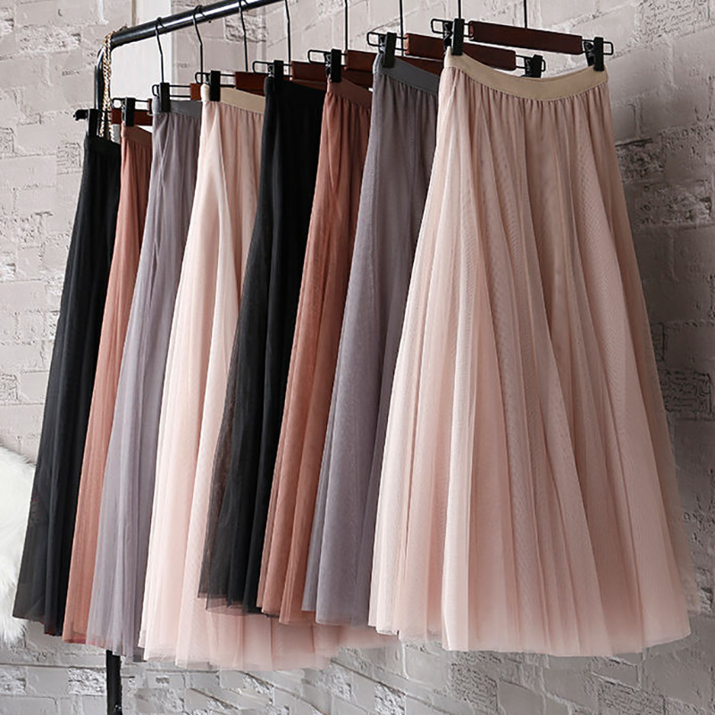 L3140 Large swing skirt Korean version A-line mesh skirt mid-length skirt high waist slim temperament dance long skirt