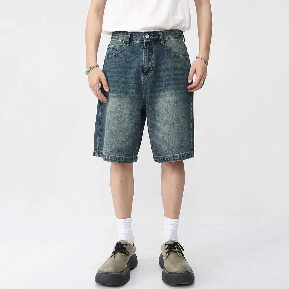 Men Vintage Blue Denim Shorts Summer Casual Loose Jeans Shorts Retro Harajuku Streetwear Hip Hop Y2K Shorts ManXJ250114