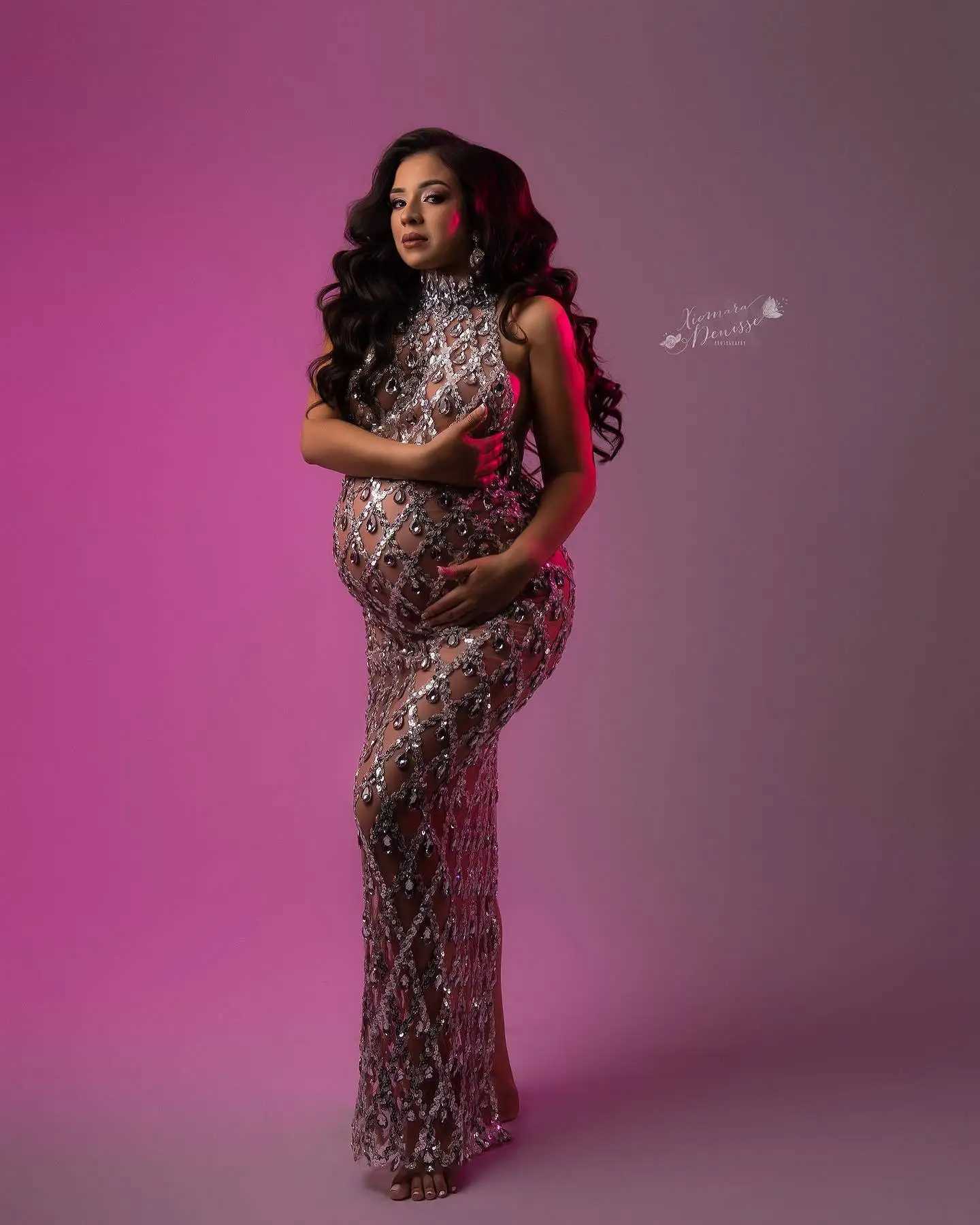 2024 sexy chiffon crystal pregnant woman photo shoot dress luxury sequin rhinestone body dress for pregnancy photography W250113