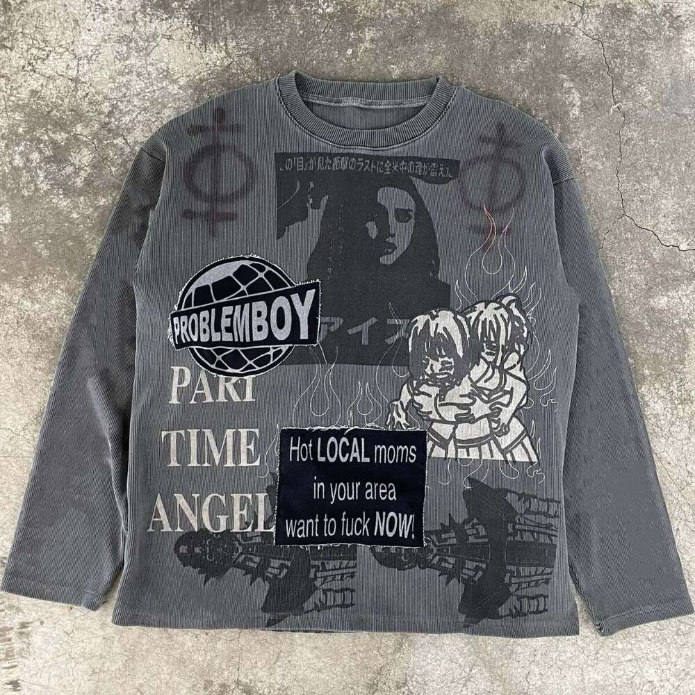 Y2K American Spring New Cartoon Printed Patch Embroidered Heavy Industry Men's and Women's Same Style Loose Long Sleeve Top