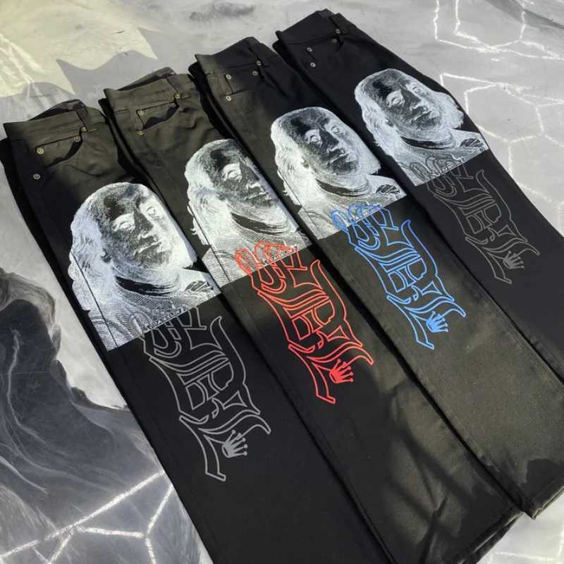 Ins New Net Red Design Personty Printing Wide Leg Pants Men Women Black Straight Jeans Winter Loose High Strt Casual Jeans X250113