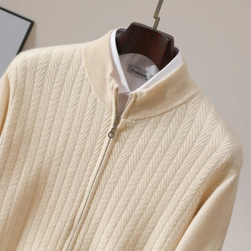 Mens Autumn And Winter Top 100% Merino Wool Knit Sweater With Zipper Stand Up Collar And Wheat Grain Pattern Cardigan 250113 - view 5