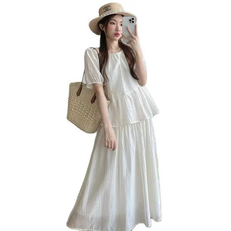 Korean Chiffon Loose Summer Pregnant Dress with Puff Sleeves O-Neck Ruffle Edge Work Patch Womens Artificial Two Piece Dress W250113