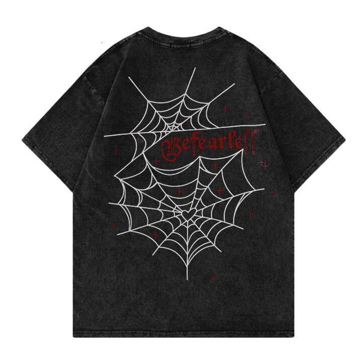 Street casual hip-hop punk style men's spider print washed summer trendy T-shirt