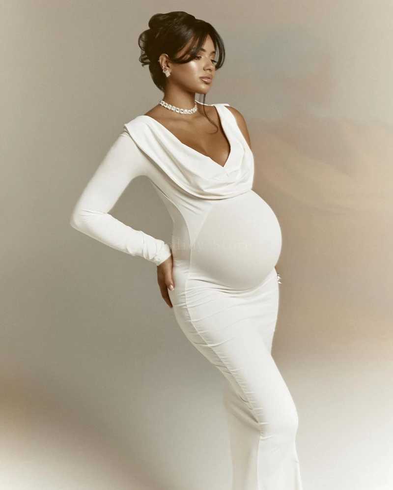 Pregnant womens fashionable and sexy V-neck half sleeved tight fitting dress - single shoulder solid color sliding design W250113