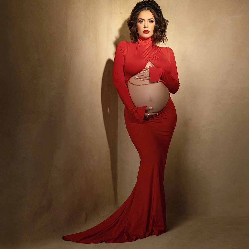 Sexy and elegant maternity photography dress exposing pregnant abdomen dress photo shoot pregnant red floor mop dress W250113