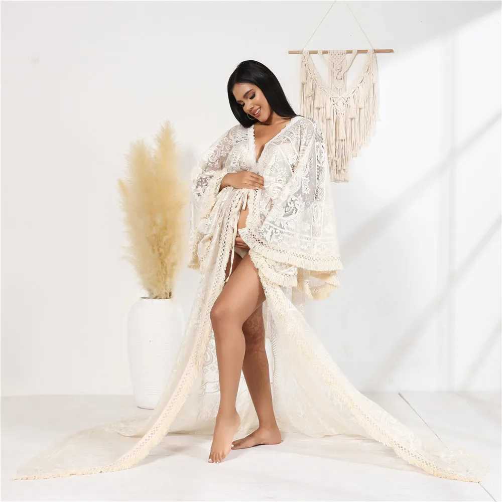 Beige lace bohemian pregnant woman photo shoot dress long train tassel pregnant woman photo long kimono dress W250113