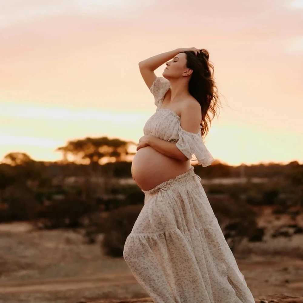 Bohemian Pregnant Dress Elegant Flower Chiffon Two Piece Set for Women Pregnant Photoshoot Baby Shower Set W250113