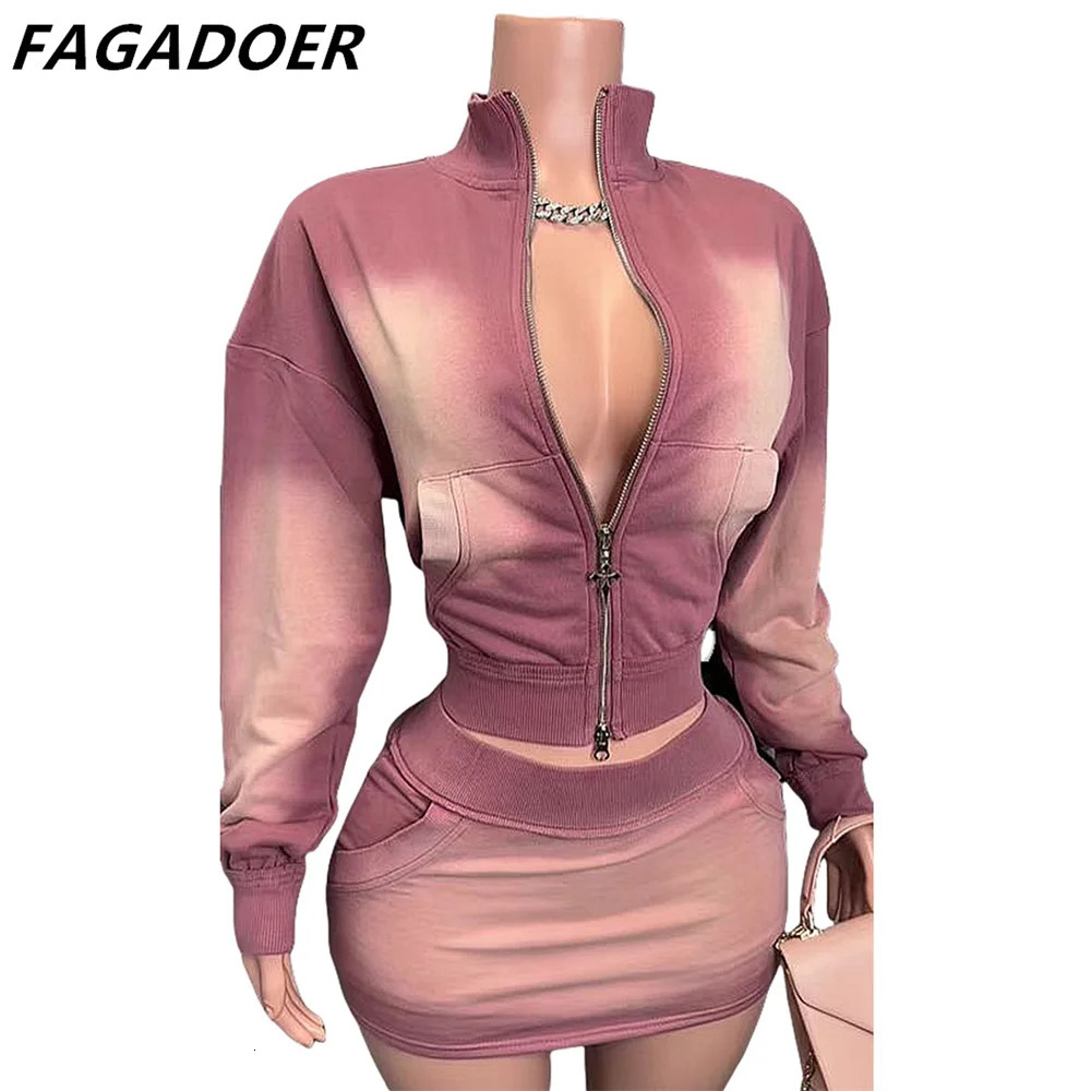 FAGADOER Pink Tie Dye Print Two Piece Sets Women Outfits Fashion Zip Pocket Long Sleeve Crop Top And High Waist Skirts Clothing 250113