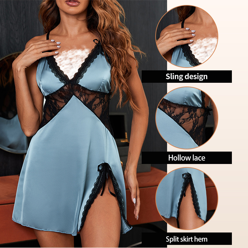 Women's Fashion Sexy Lace Italian Noodle Strap V-Neck Nightwear Women's Sexy Hem Slightly Open Lace Decoration Nightwear Dress