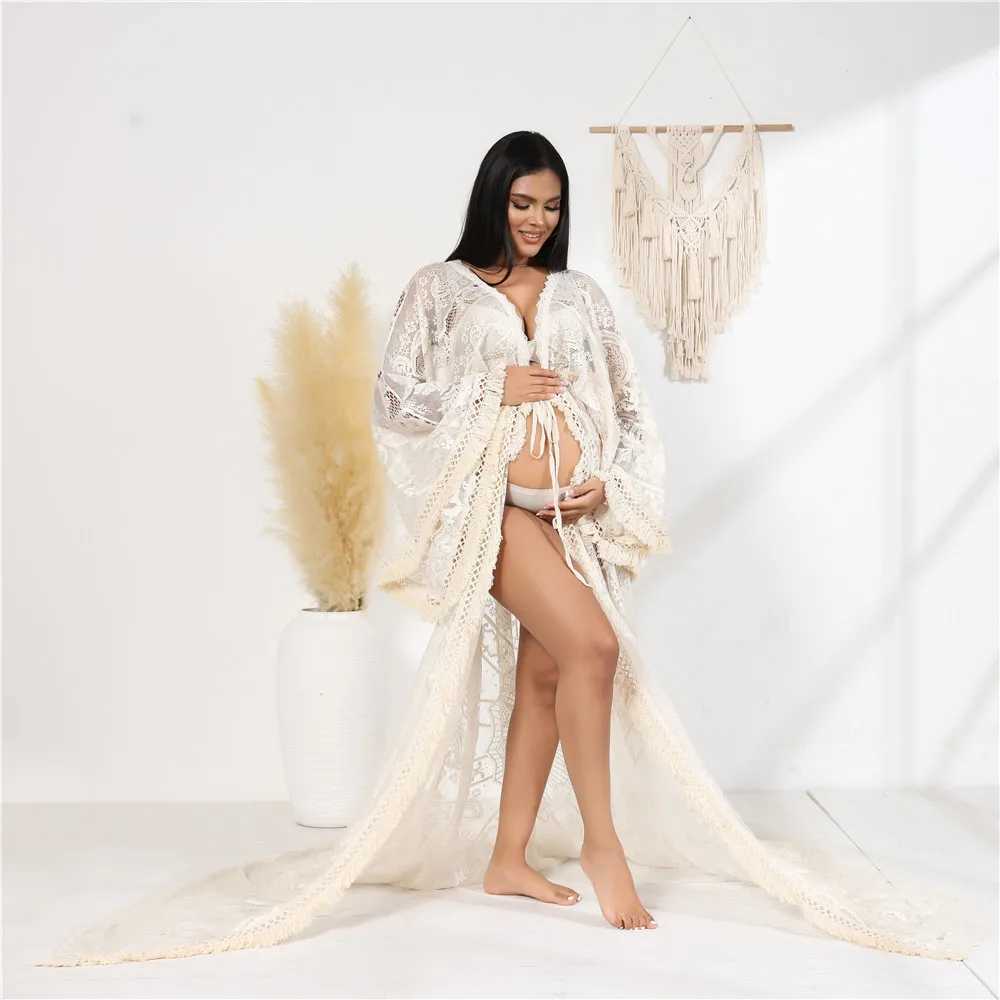 Beige lace bohemian pregnant woman photo shoot dress long train tassel pregnant woman photo long kimono dress W250113