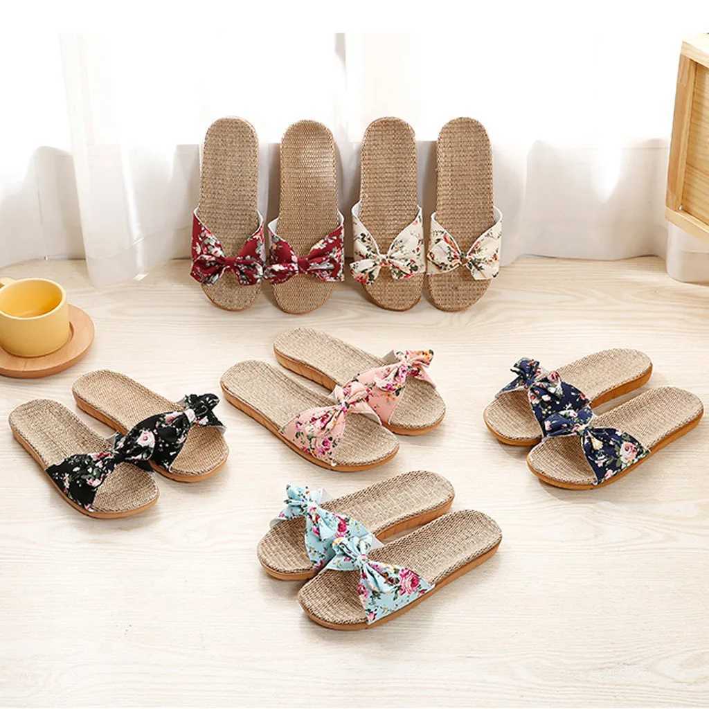 Ladies Bohemian Style Bow Flower Linen Slippers Sandals Beach Shoes Home Shoes Beach Indoor Non Slip Shoes 2024 Z250614