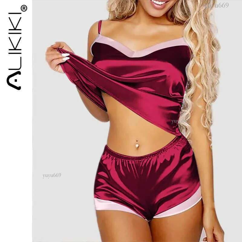 2pcs Pajama Set Women Satin Silk Pyjamas Sexy Sleep Cami Top Shorts Set Homesuit Lingerie Sleepwear Q0706