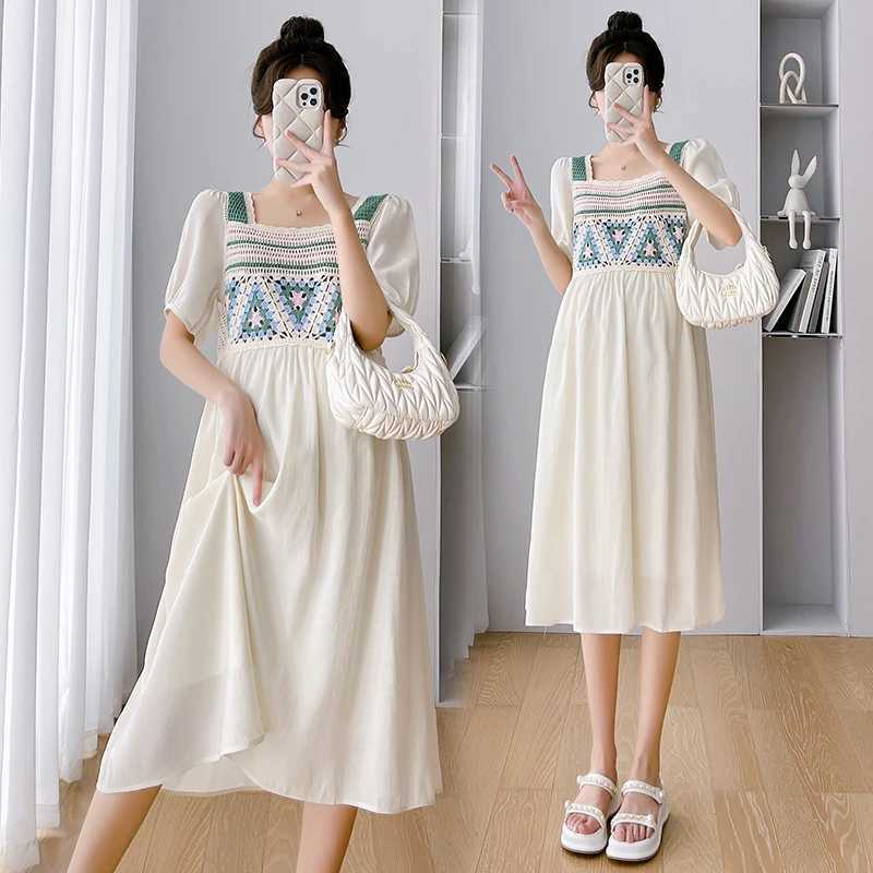 Summer new maternity dress short Sleve Square collar hollow knit splicing work backless maternity chiffon dress W250113