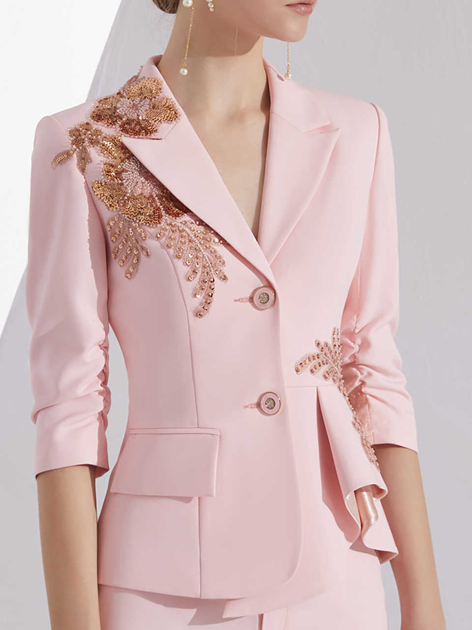 Customized Pink Spring Women Pants Sets Designer Beads Appliques Ladies Prom Birthday Party Formal Wear Outfit Jacket 2 Pieces