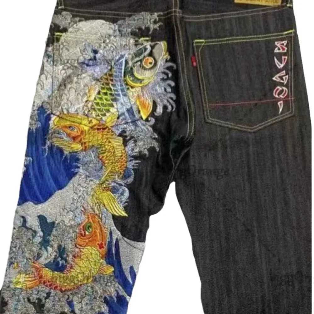 Japanese retro personalized printed high-waisted jeans for couples with large pockets for street wear Y2K denim trousersXJ250113