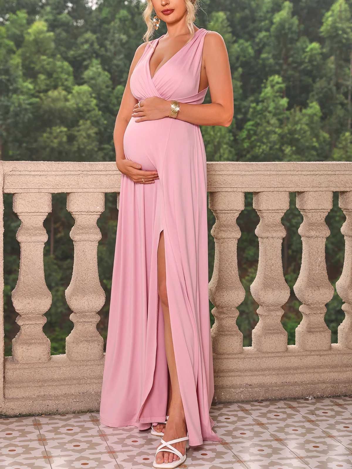 Itsroya Pure Satin Cross Back Pregnant Dress Elegant Par Evening Dress Side Split V-neck Photography Prop Dress W250113