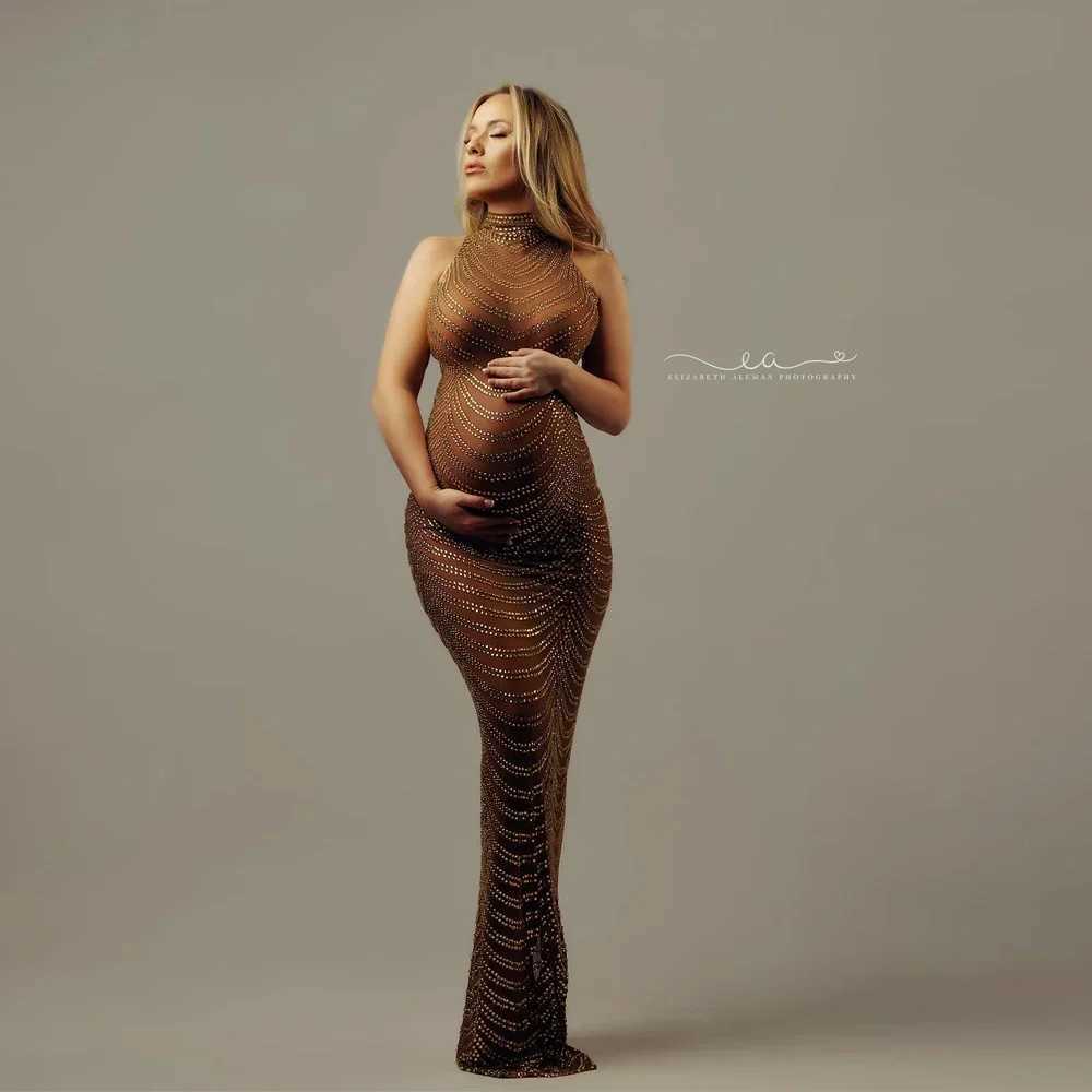 Stretch maternity photography long dress thin gold silver shiny crystal sleeveless maternity photography dress W250113